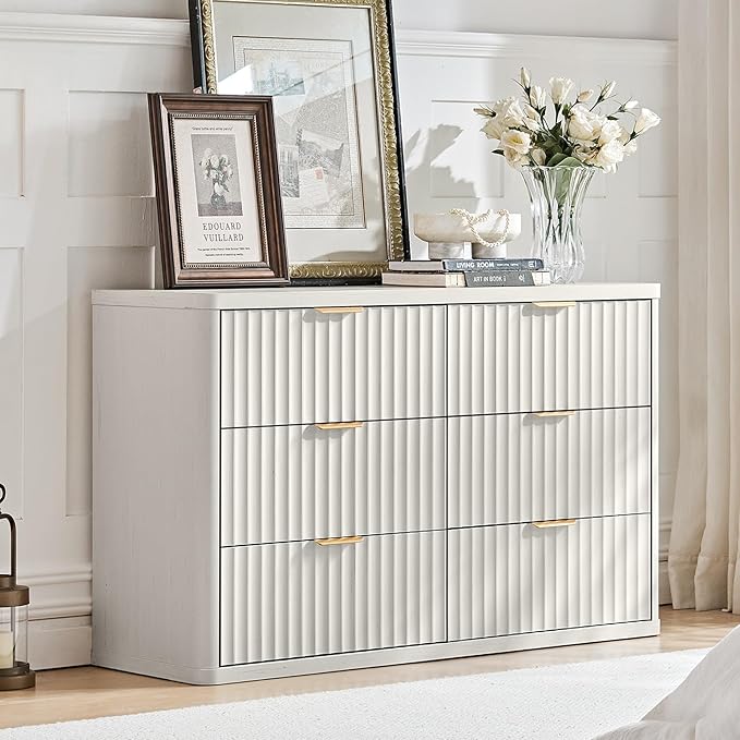 LEYAOYAO 48" Wide Fluted Dresser and 2 Drawers 23" Nightstand Set of 2, Wooden Dresser & Night Stand with Charging Station, 3 Piece Bedroom Furniture Set, Chest of Drawer for Living Room,Antique White