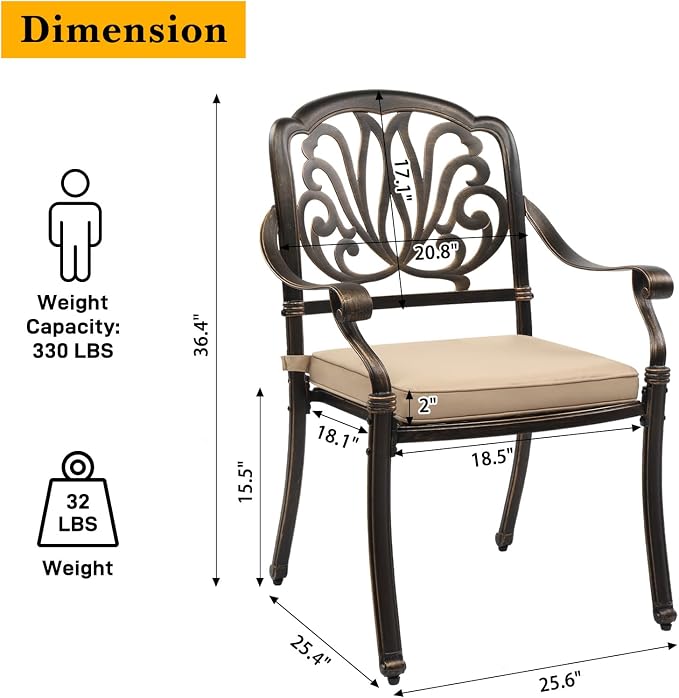 VINGLI 5-Piece Outdoor Patio Dining Set, Cast Aluminum All-Weather Outdoor Table and Chairs w/Cushion, Outdoor Furniture Set w/Umbrella Hole for Backyard Deck Poolside (Square, Elizabeth Back) - Image 7