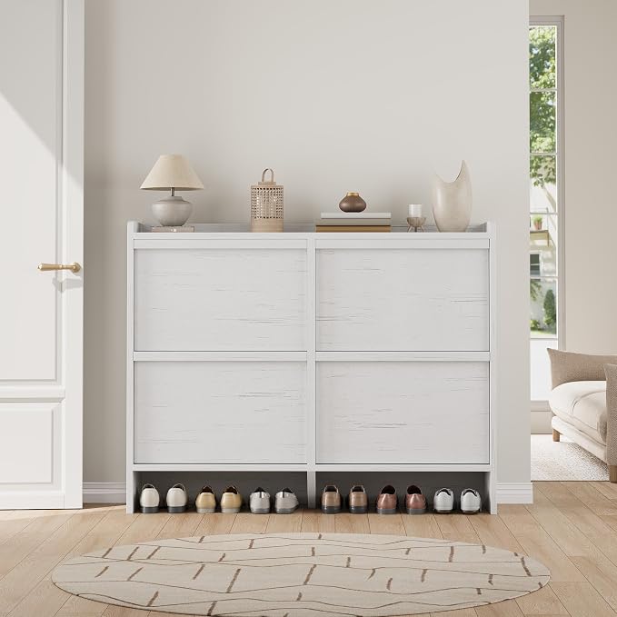 GarveeHome Shoe Cabinet with 4 Flip Drawers, Wooden Shoe Organizer Cabinet with Adjustable Shelf, Shoe Storage for Entryway, Hidden Shoe Cabinet for Hallway, Living Room, White - Image 3