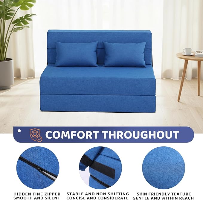 Folding Sofa Bed, Foldable Sleeper Chair with Pillow, Convertible Fold Out Chair Bed with Washable Cover, Foldable Mattress for Living Room, Bedroom, Guest Room, Standard Size, Blue