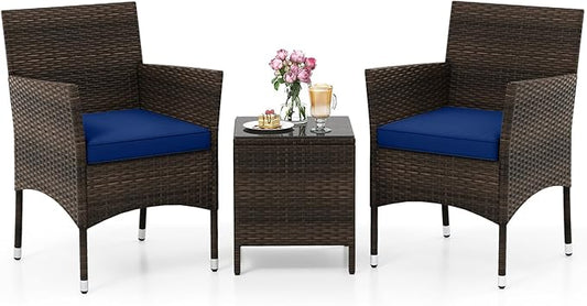 KOTEK 3 Piece Patio Furniture Set, Outdoor Wicker Patio Chairs with Soft Cushions & Tempered Glass Top Table, PE Rattan Bistro Set for Porch, Garden, Balcony (Navy)