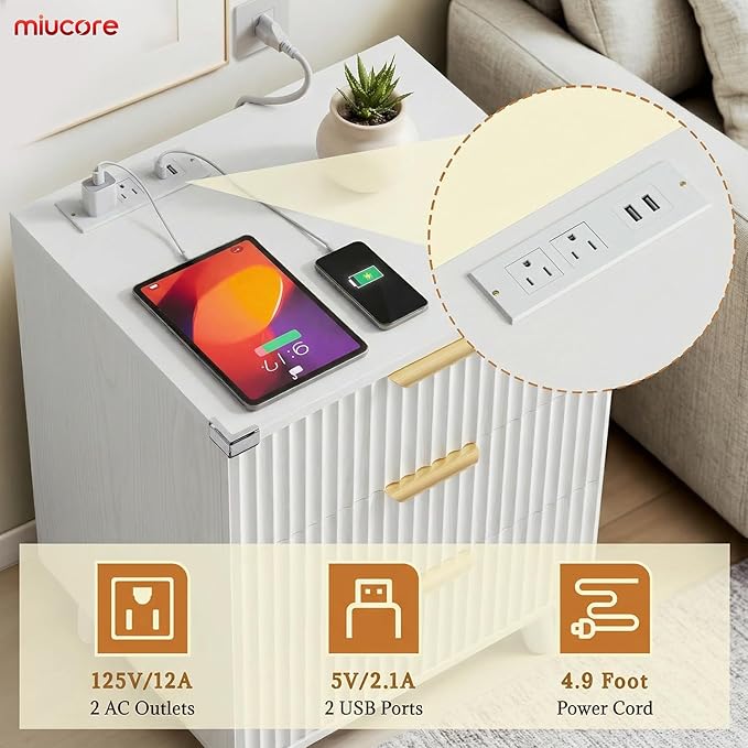 White Nightstand, 20 inch Fluted Modern Night Stand with Charging Station, Wooden Side Table with 3 Large Storage Drawers Modern Wood Bedside End Table for Bedroom Sofa Office - Image 3