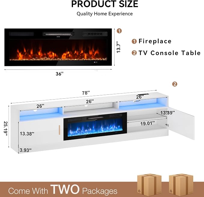MXV 78" Fireplace TV Stand with Power Outlet for TVs UP to 90", Electric Fireplace Entertainment Center with LED Lights & Storage Cabinets, TV Console for Living Room, Office, White-Black - Image 2