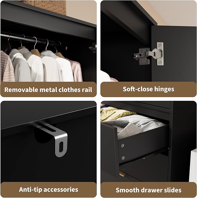 GarveeHome Armoire Wardrobe Closet, 69.5 in Wooden Wardrobe Cabinet with 3 Drawers, Hanging Rod, 2 Doors Clothing Storage Cabinet for Bedroom, Large Capacity Storage, Rattan Door, Black