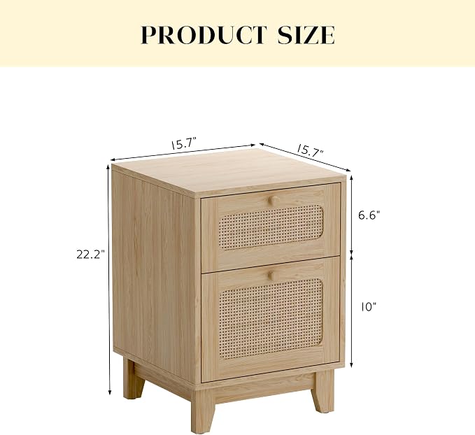 Modern Rattan Nightstand Set of 2, Wicker Rattan Stand with Drawer, Wooden Bedside Table for Small Spaces, Natural Wood Side Table for Bedroom - Image 2