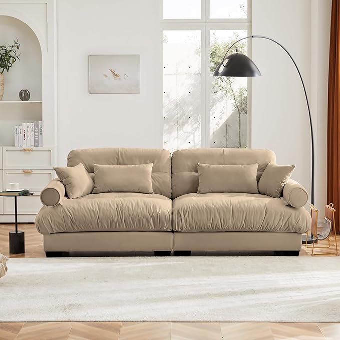 KEIKI 94" Oversized Velvet Modular Sectional Loveseat Sofa with High-Density Foam Cushions and Bolstered Armrests, Upholstered Modern Style 2-Seater Cloud Couch with 4 Pillow, for Living Room, Camel