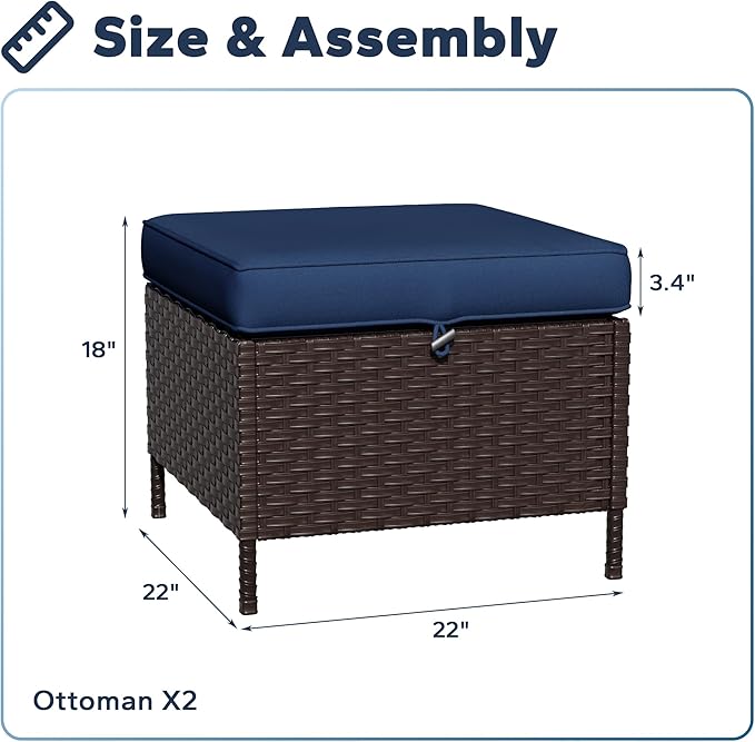 Wicker Ottomans with Cushions, Patio PE Rattan Furniture Set with Weather-Resistant Cushions for Porch, Backyard, Deck, Sunroom (Navy Blue)