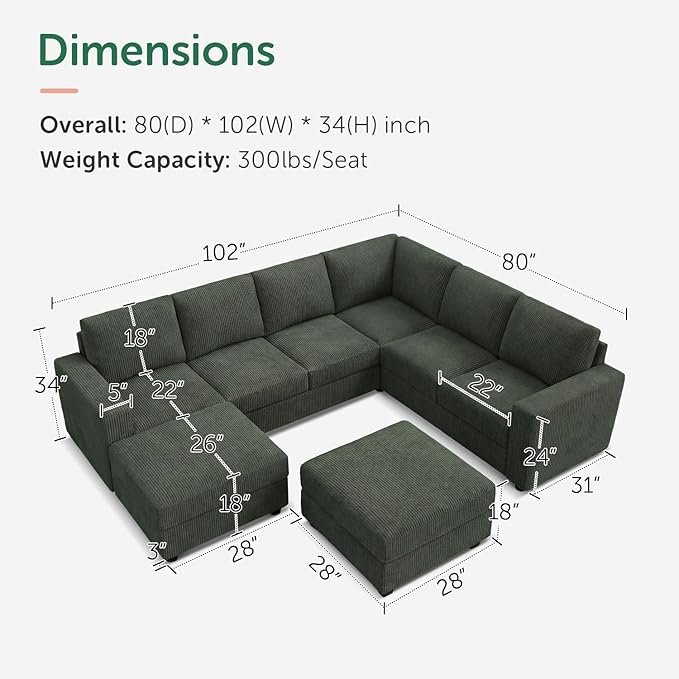 HONBAY Corduroy Sectional Couch with Storage, 8 Seater U Shaped Sectional Sofa Sectional Couches for Living Room, Green