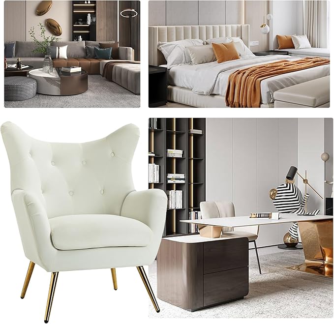 HULALA HOME Velvet Accent Chair, Modern Wingback Arm Chair with Metal Gold Legs, Velvet Tufted Upholstered(Ivory)