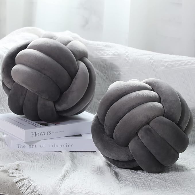 Namalu 2 Pcs Soft Knot Pillow Ball, Decorative Round Throw, Soft Knotted Plush Pillows, Handmade Stuffed Ball Pillows Cushion for Bedroom Sofa Couch Home Decor(10.6 Inches,Dark Gray)