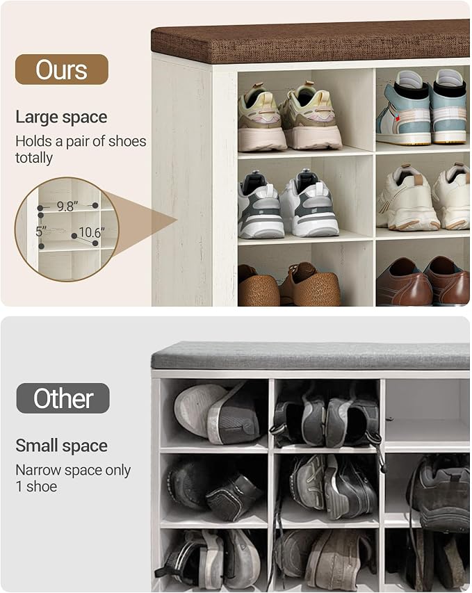 Hzuaneri Shoe Bench with Cushion, Entryway Storage Bench with 16 Cubbies, Cubby Shoe Rack with Adjustable Shelves, Shoe Organizer Cabinet for Living Room, Bedroom, Entryway, Rustic White SB25614KA - Image 9