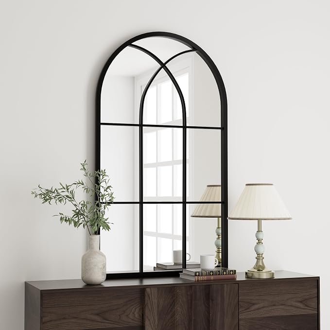 Rowjut Arched Wall Mirror 42" x 24" Window ＆ Wall Decorative Mirror, Iron Framed Window Pane Mirrors, Arched Top Wall Mirror for Entryway Living Room, Bedroom, Fireplace (Black) - Image 2