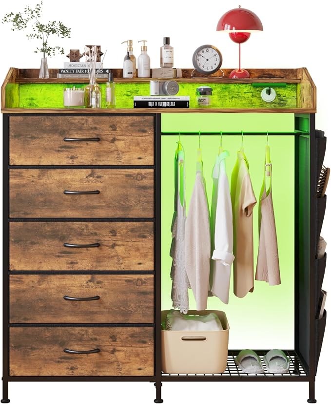 LUMTOK 2-in-1 Dresser with Hanging Racks,5 Fabric Drawers Dressers with LED Lights, Charging Station for Bedroom Living Room, Entryway, Closets (Rustic Brown) - Image 9