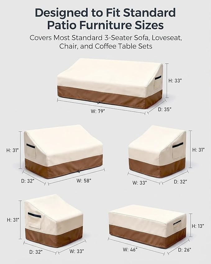 5 Piece Patio Furniture Cover Set, Waterproof Outdoor Furniture Covers for 3-Seater Sofa, Loveseat, Chairs & Coffee Table, Heavy Duty 600D Lawn Patio Set Covers, UV-Resistant All-Season, Beige&Brown - Image 3