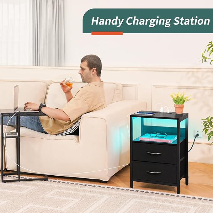 Yoobure Nightstand with Charging Station, LED Night Stand with Fabric Drawers and Storage Shelf for Bedroom, Nightstands Bedside Tables with USB Ports & Outlets, Small Night Stands, Bed Side Table - Image 4