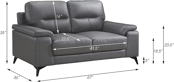 Lexicon Danica Top Grain Leather 3-Piece Living Room Sofa Set, Dark Gray