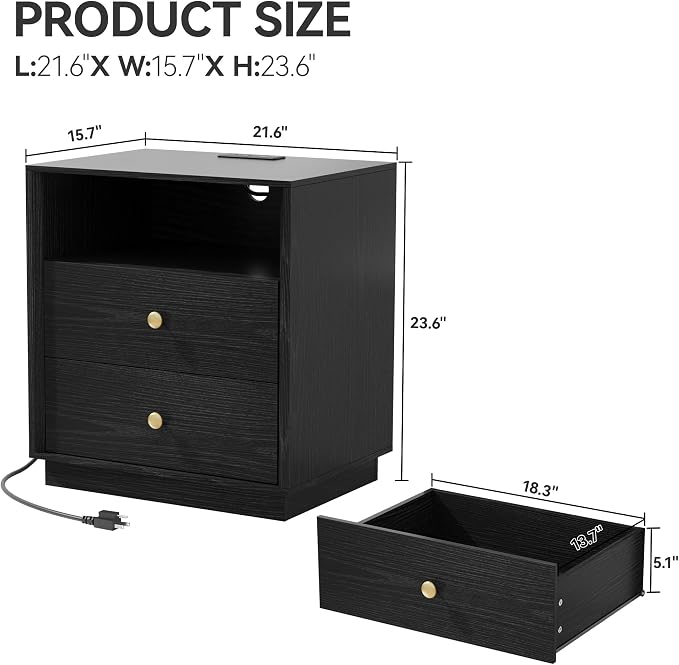 Black Nightstand with Charging Station Set of 2, Wide Bedside Table with 2 Storage Drawer and Open Wood Shelf, Night Stand for Bedroom, Side Table, End Table, Black - Image 2