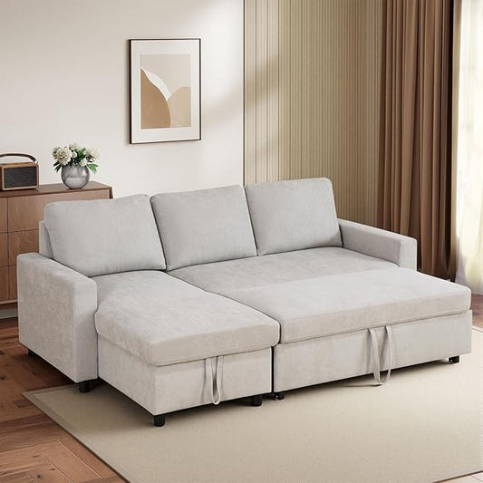 L-Shaped Sleeper Sofa with Chaise Lounge & Storage, Pull-Out Couch Bed with Recliner, Full Size Futon for Living Room, Office, Apartment Beige