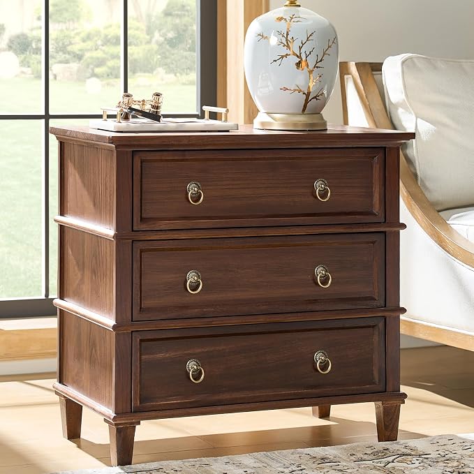 HULALA HOME Farmhouse End Tables Set of 2 with 3 Drawers, Paulownia Solid Wood Side Table with Vintage Knobs, Ancient End Table with Charging Station, Easy Assembly, Walnut - Image 7
