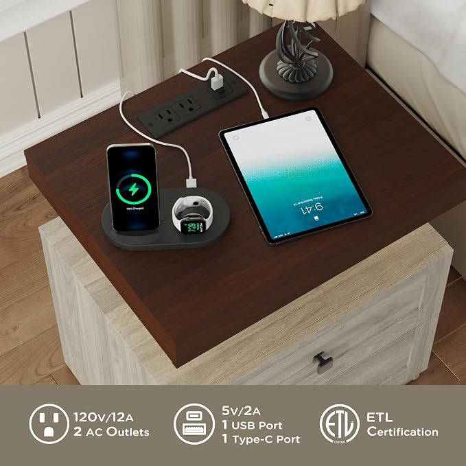 MHOM Farmhouse LED Nightstand Set of 2, Wood Bedroom Side Table with Charging Station, Rustic End Table with Drawers for Bedroom, Antique Oak - Image 6