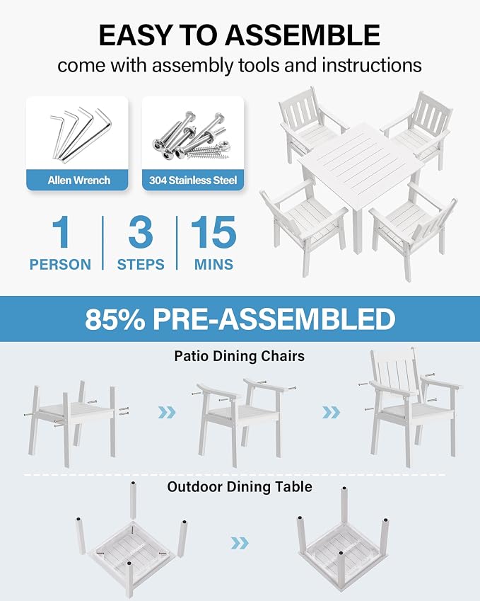 YEFU HIPS Patio Table Set: 5 Piece Outdoor Square Table and Chairs with Metal Aluminum Frame - White Modern Plastic Patio Dining Furniture Set 4 Person for Outside Deck - Image 2