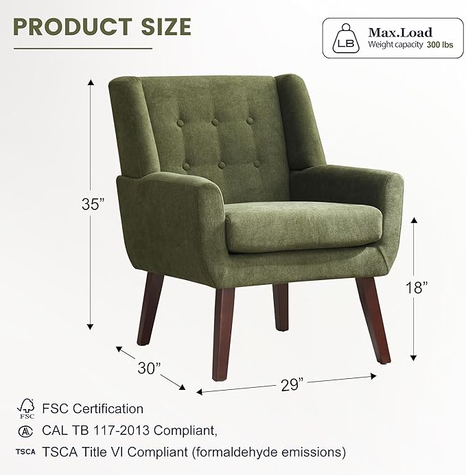 HUIMO Accent Chairs for Living Room,Button-Tufted Upholstered Armchair with Wooden Legs,Comfy Mid Century Modern Chair for Bedroom Apartment Waiting Room Green