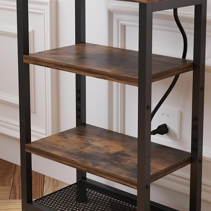Narrow Nightstand with 4-Tier Shelves, Small Side Table with Charging Station, Skinny Nightstand with Bookshelf, Thin End Table with USB Ports and Outlets, Bed Side Table for Bedroom, Home Office - Image 4