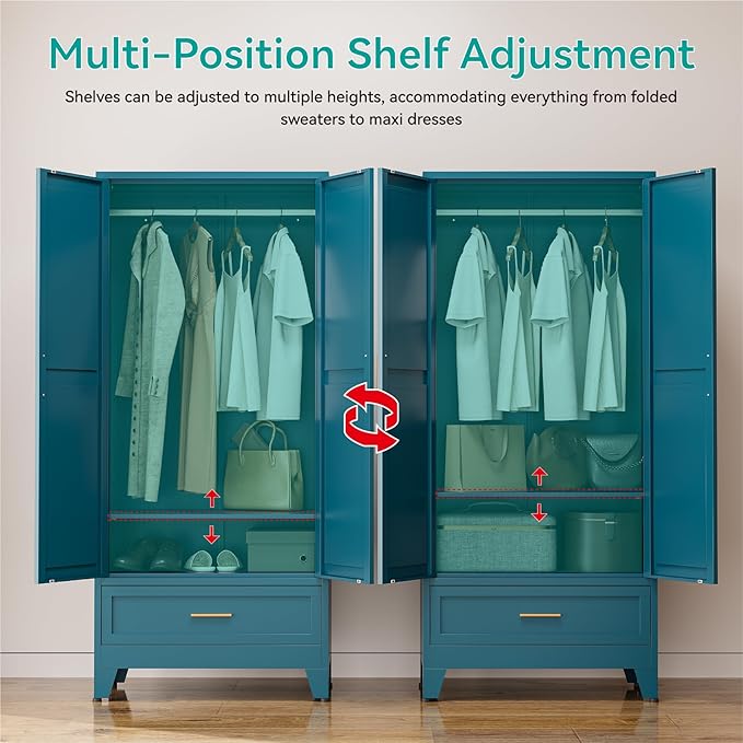 71" Tall Metal Armoire Wardrobe Closet,17.7" Deep By 31.5" Wide Portable Closet for Hanging Clothes,Wardrobe Cabinet with Drawer and Shelve for Bedroom Office Laundry Room,Blue 1 Pack