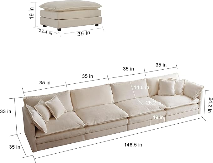 ERYE U-Shaped Oversized Sectional Sofa Modern Deep Seat Reversible Chaises Sofa&Couch with Movable Ottomans and 6 Pillows, Modular Sleeper Upholstered Couch for Living Room, Apartment, Studio, Office