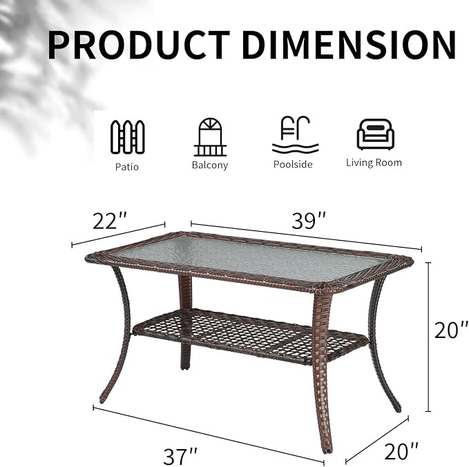 VINGLI Outdoor Coffee Table with Storage Wicker Patio Coffee Table, Tempered Glass Top Coffee Table for Patio Outside Balcony Porch Deck (Brown) - Image 3