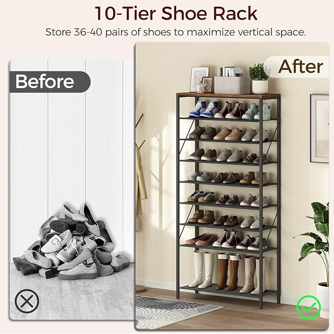 MAHANCRIS 10 Tier Shoe Rack Organizer for Closet, Holds 36-40 Pairs, Tall Metal Shoe Storage Shelf for Entryway Bedroom, Sturdy Freestanding Shoe Rack Space Saving, Large Capacity, Rustic Brown - Image 4
