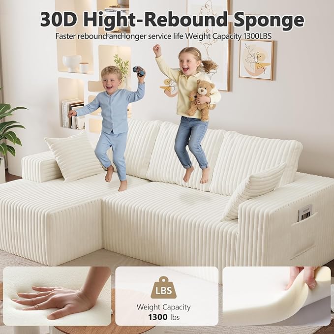96" Cloud Sectional Couches for Living Room, Modular Sectional Sofa with Chaise, Upholstered Boneless Couches, Comfy Flannel Fluffy Couch with Pillows and Side Pockets No Assembly(Beige