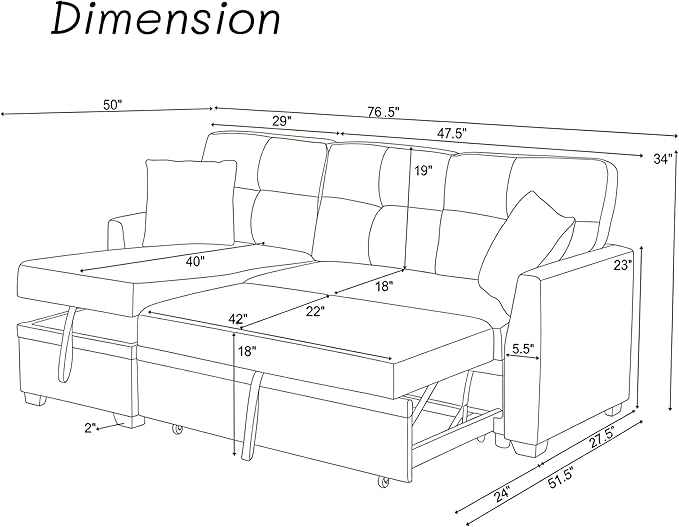Sectional Sleeper Sofa with Pull Out Bed, L Shape Convertible Chenille Couch with Storage Chaise, 2 in 1 Pull Out Sofa Bed with 2 Seats, for Living Room, Apartment, Beige