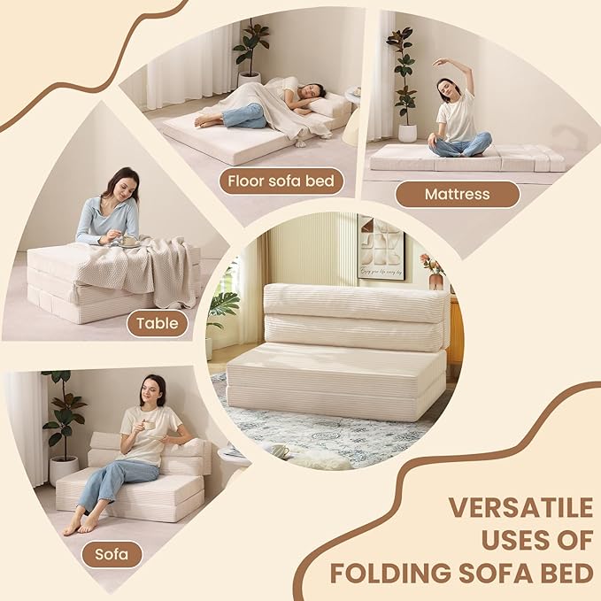Folding Sofa Bed, Convertible Sleeper Chair with Pilow Foldable Matress, 2 in 1 Pull Out Loveseat Sofa Portable Fold Out Chair Bed Floor Couch Lounge for Living Room (Beige, Queen-61Inch)