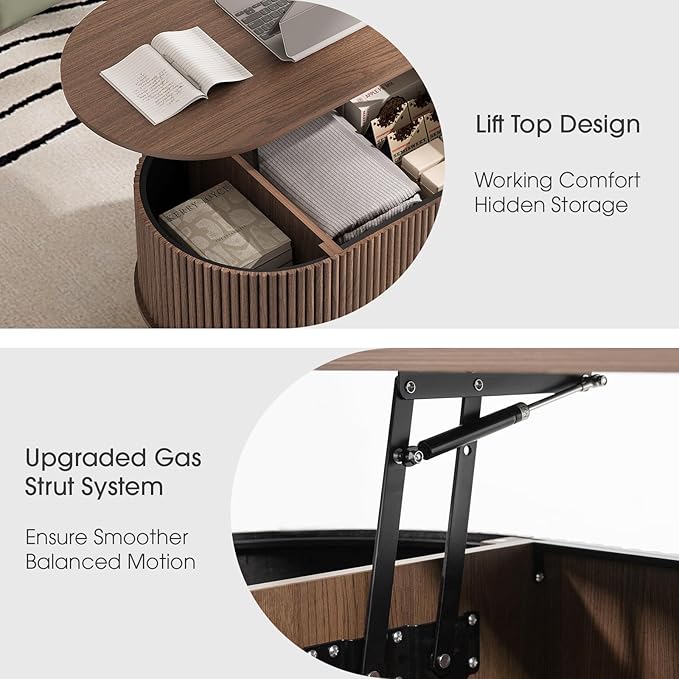 42.5" Oval Lift Top Coffee Table with Storage, Mid Century Modern Walnut Center Table with Fluted Panel, Solid Wood Legs & Hidden Compartment for Living Room