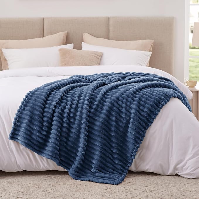 EXQ Home Fleece Blanket Twin Size for Couch or Bed - 3D Stripe Jacquard Decorative Blankets - Cozy Soft Lightweight Fuzzy Flannel Blanket Suitable for All Seasons(60"??80",Dark Blue)