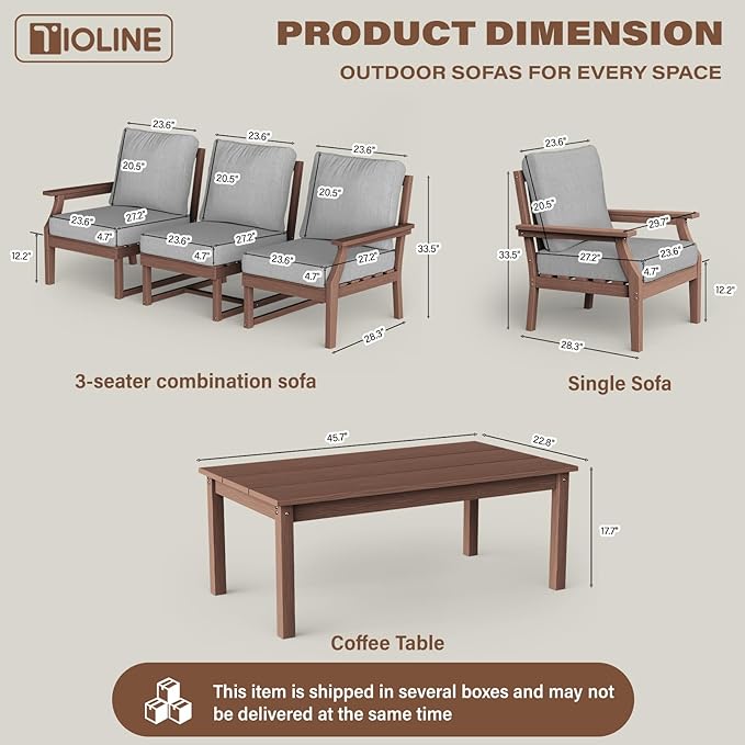 HDPE Patio Conversation Set, 6-Piece All Weather Outdoor Furniture Set with 2 Single Armchairs for Deck, Lawn, with Cushion, Brown