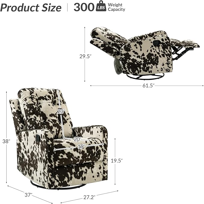 HULALA Home Recliner Chair Modern Printed Fabric for Living Room, Wingback Rocker Recliner Sofa Comfy Armchair 360 Degree Swivel, Nursery Rocking Chairs with Adjustable Backrest & Footrest/Brown