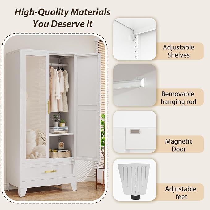 Metal Wardrobe Storage Cabinet with Mirror and Hanging Rod,71'' Metal Clothing Cabinet with 2 Doors and Drawer for Bedroom, Laundry Room, Cloak Room (White)
