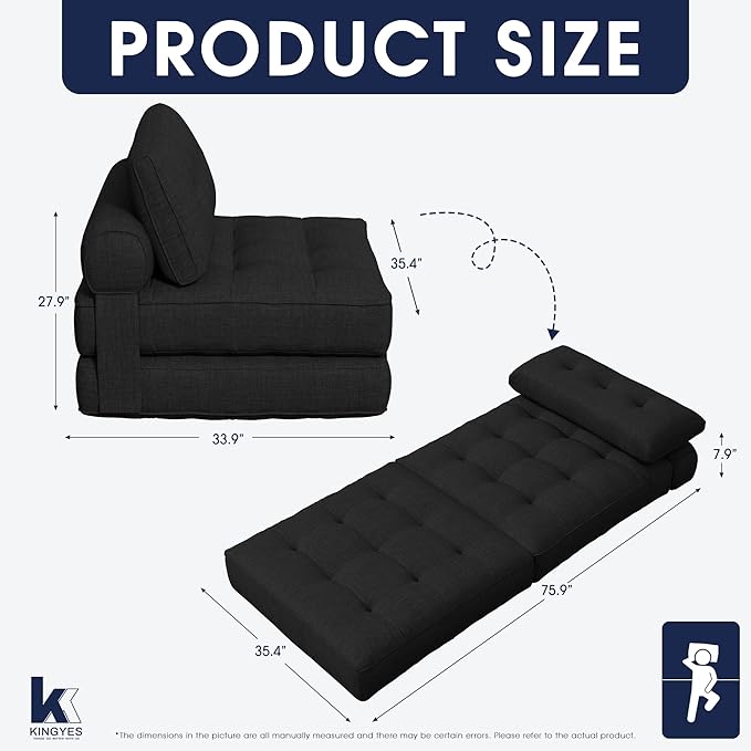 KINGYES Folding Chair Bed, 3 in 1 Convertible Sleeper Chair with Pillow, Foldable Futon Chair for Living Room, Black