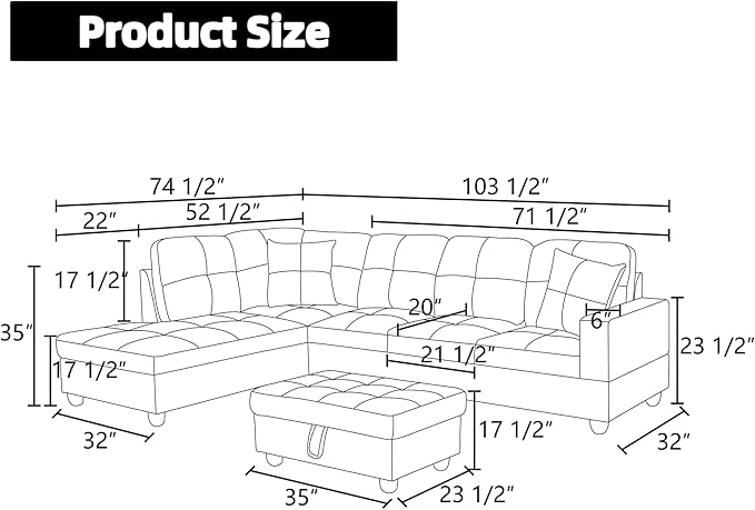 Sectional Couches for Living Room Furniture Sets, 4 Seat U Shaped Sectional Couch with Storage, Adjustable Couch with Armrests and Ottoman for Apartment, Grey