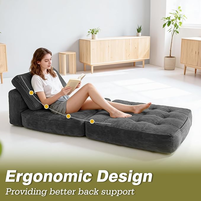 Art3d Folding Sofa Bed, Convertible Sleeper Sofa Bed with Pilow & Back Support, 3 in 1 Long Futon Boneless Couch, Comfy Floor Couch for Living Room, Bedroom, Dark Gray