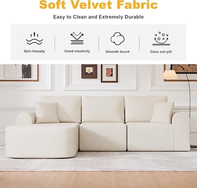 104" Modular Sectional Sofa with L-Shape Chaise, Sherpa Modern Upholstered Cloud Couches for Living Room Bedroom, No Assembly Required, White