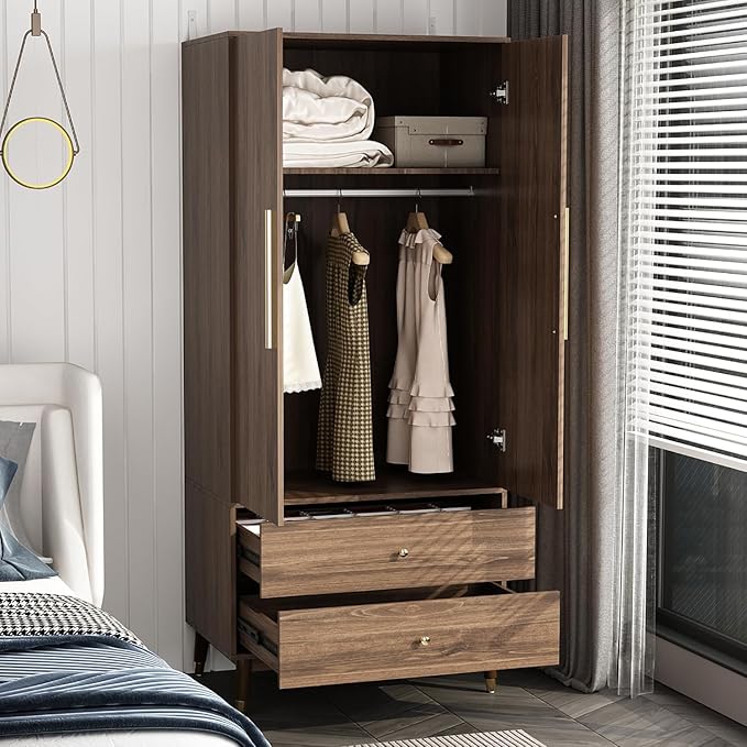 Hitow Wardrobe Armoire Closet with 2 Doors, Wardrobe Cabinet with 2 Drawers & Hanging Rod, Bedroom Armoire Clothes Organizer with Gold Handles, Type B Brown (31.5" W x 19.1" D x 65.1" H)