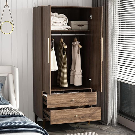 Hitow Wardrobe Armoire Closet with 2 Doors, Wardrobe Cabinet with 2 Drawers & Hanging Rod, Bedroom Armoire Clothes Organizer with Gold Handles, Type B Brown (31.5" W x 19.1" D x 65.1" H)