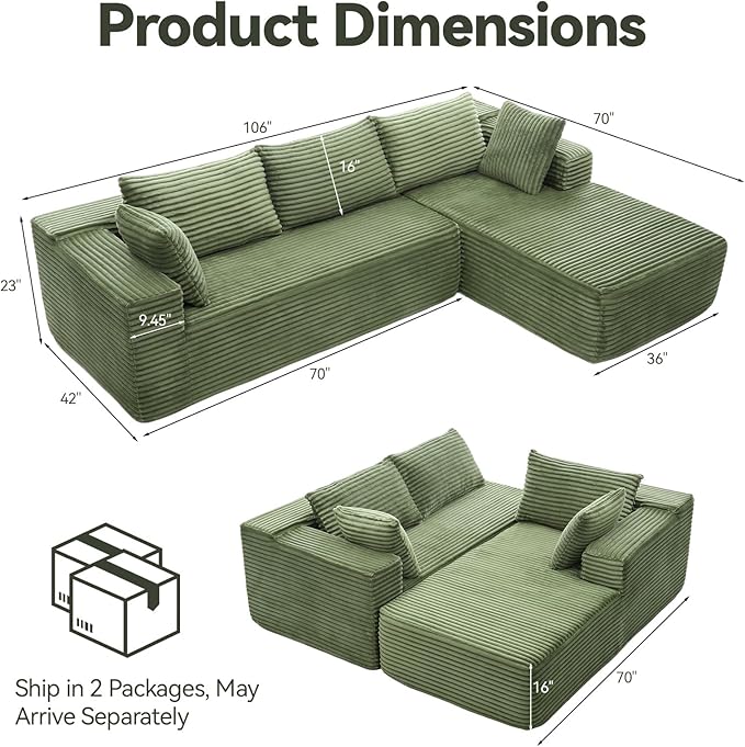 106" Modular Sectional Sofa, Green Corduroy Cloud Couch with Left Chaise, Deep Seat Boneless Floor Sofa for Living Room, High-Resilience Foam Support, No Assembly Required, Includes Pillows | Sectional Sofa, Corduroy Cloud, Boneless, High-Resilience, N...