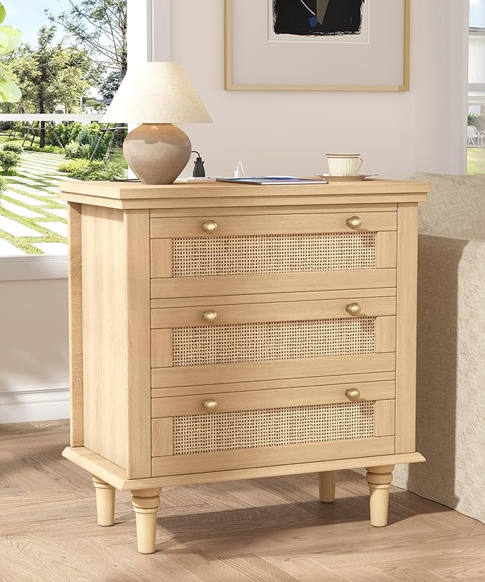 Keehusux Night Stand with 3 Large Storage Drawers, 26.8" H Rattan Nightstand with Charging Station, Boho Bedside Table with Round Handles, Wooden End Table for Bedroom, Natural Oak KES008MECTG - Image 3