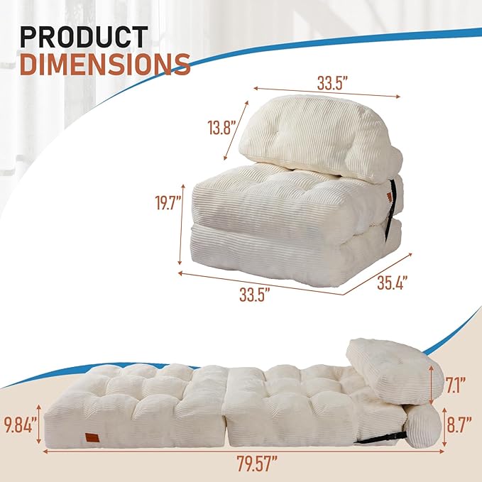 Folding Sofa Bed, Convertible Chair Bed with Back Support and Pillow Futon,Foldable Boneless Chair for Living Room/Guest Use/Home Office, Foldable Couch for Adults, Beige