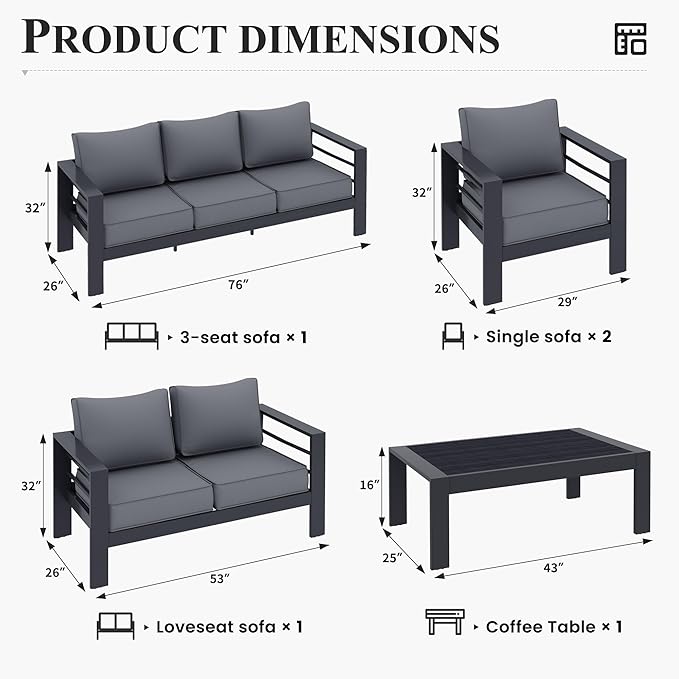 Aluminum Furniture Set, 8 Piece Patio Sectional Conversation Sets, Modern Outdoor Furniture Sets with Waterproof Covers