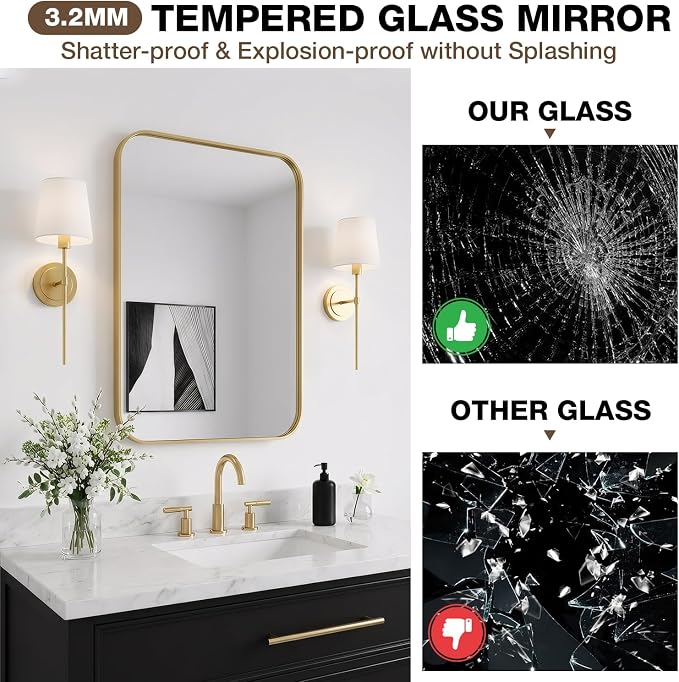 20x30 Inch Bathroom Mirrors for Over Sink, Brushed Gold Rectangle Mirror for Bathroom or Entryway, Wall Mounted Vanity Mirror with Aluminum Alloy Frame & Tempered Glass, Hangs Horizontally/Vertically - Image 4